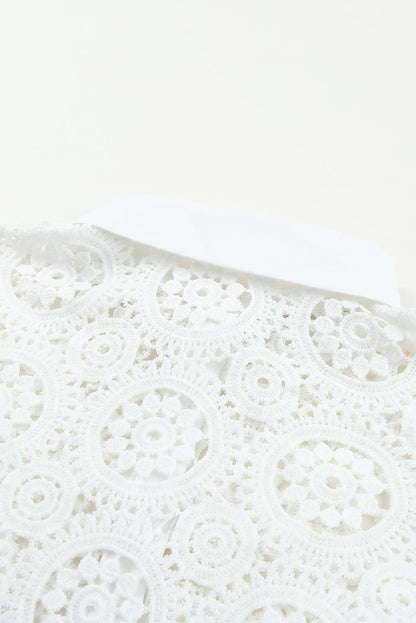 Elegant White Crochet Lace Button-Up Shirt with Turn-down Collar