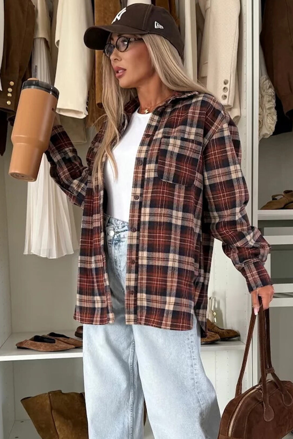 Mineral Red Flanel Plaid Single Chest Pocket Boyfriend Shacket