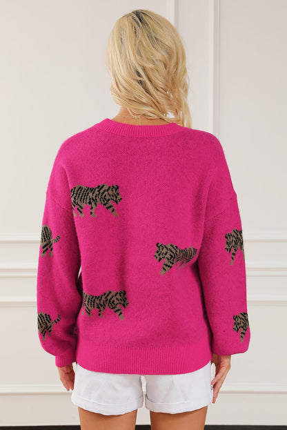 Fierce Leopard Print Rose Red Knit Sweater for Casual Chic