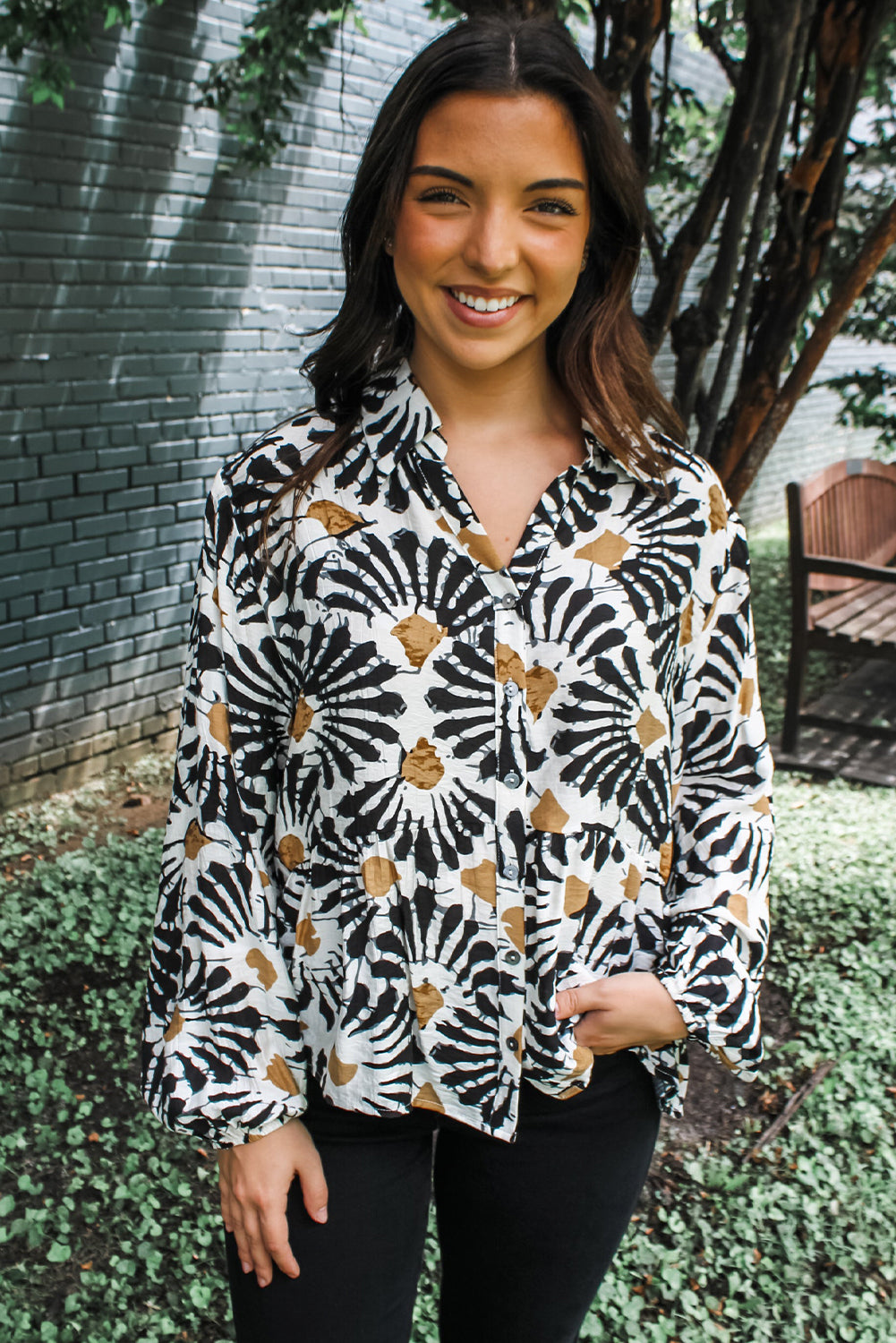 Black Abstract Floral Print Ruffle Hem Long Sleeve Shirt