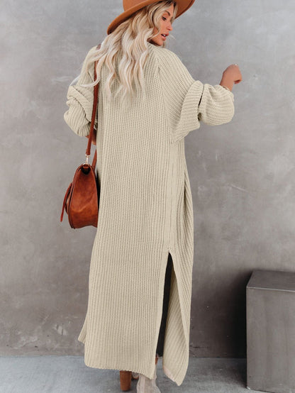 Solid Pocket Slit Long Sweater Cardigan