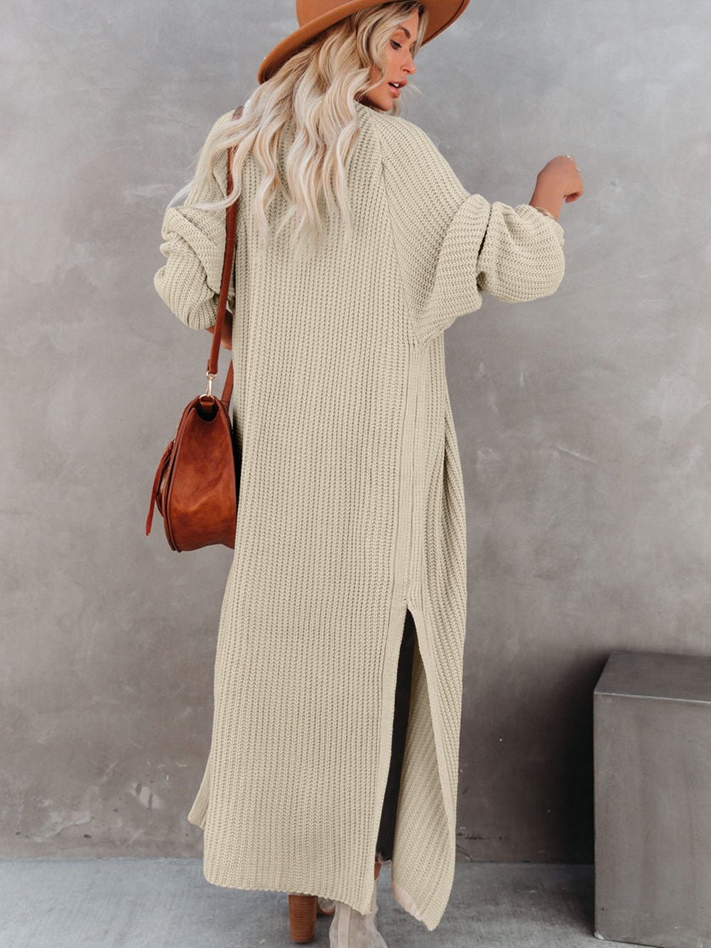 Solid Lapel 3/4 Sleeve Slit Cardigan