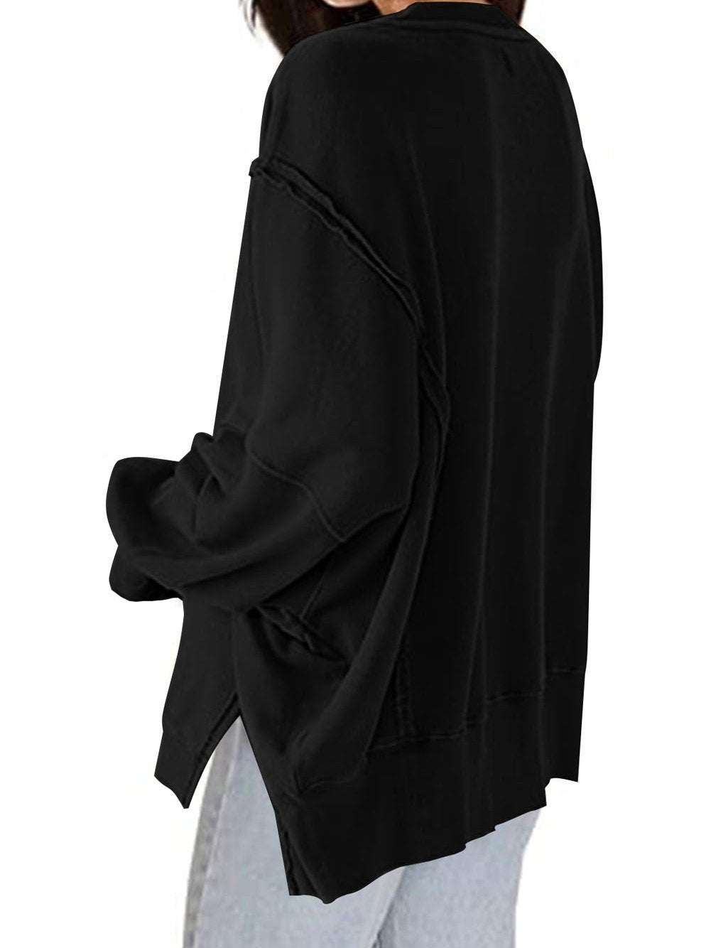 Elegant Black Seam Detail Drop Shoulder Split Hem Sweatshirt