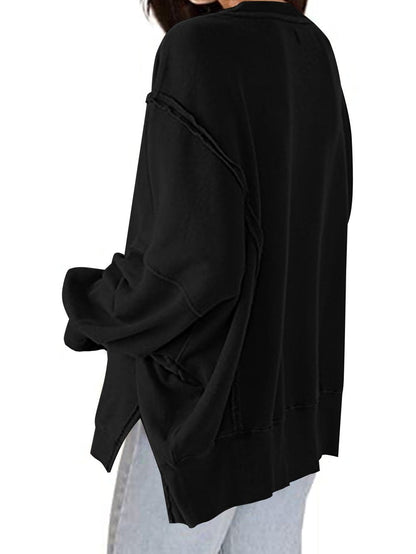 Elegant Black Seam Detail Drop Shoulder Split Hem Sweatshirt