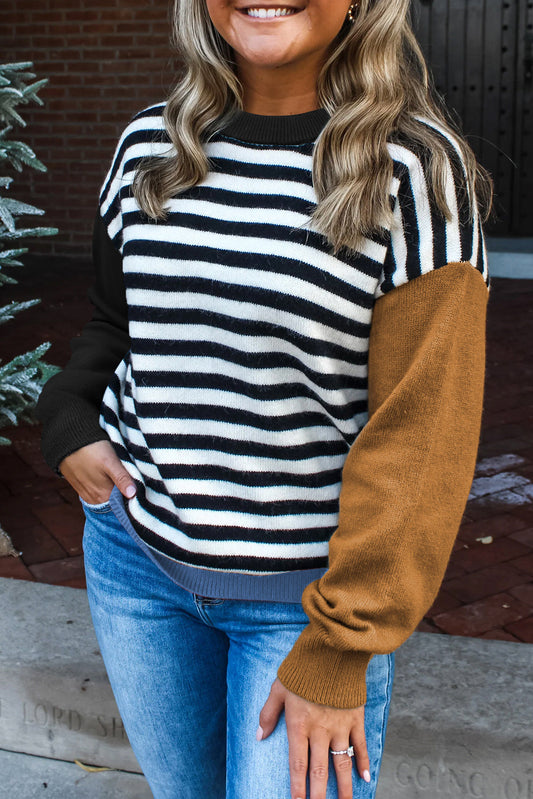 Khaki Striped Panels Colorblock Sleeve Chic Sweater