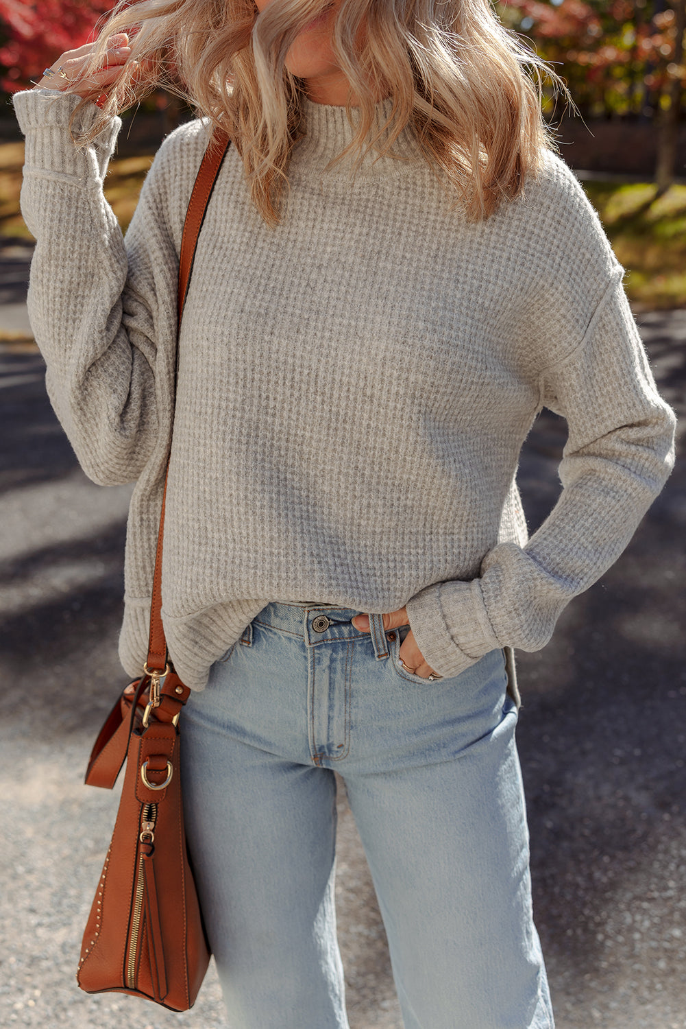 Gray Morn Waffle Texture Knit Ribbed High Neck Drop Shoulder Sweater