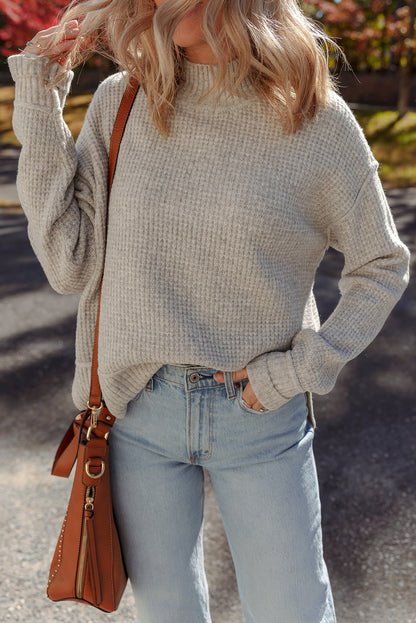 Gray Morn Waffle Texture Knit Ribbed High Neck Drop Shoulder Sweater
