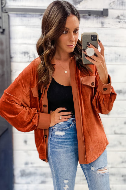 Gold Flame Velvet Flap Pockets Drop Shoulder Casual Shacket