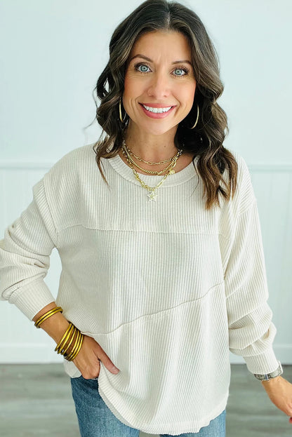 White Solid Color Ribbed Knit Exposed Seam Patchwork Long Sleeve Top