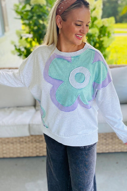 Light Grey Raw Seam Color Block Flower Patched Long Sleeve Top