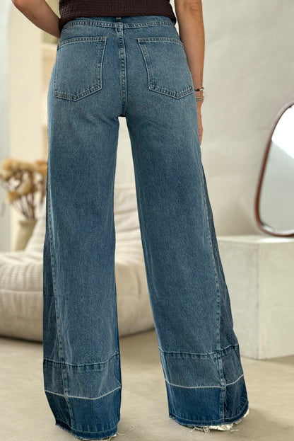 Dusk Blue Playful Botton Patchwork Seam Detail Wide Leg Jeans