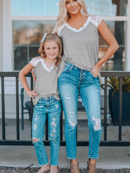 Gray Knit Lace Detail Cap Sleeve Top