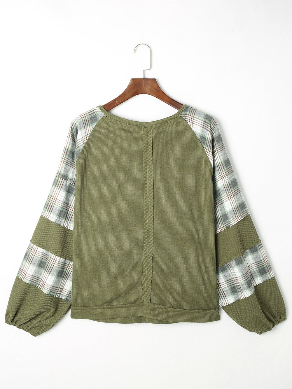Green Plaid Bubble Sleeve Waffle Knit Patchwork Top
