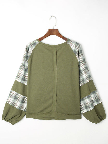 Green Plaid Bubble Sleeve Waffle Knit Patchwork Top
