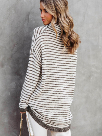 Khaki Striped Turtleneck Knit Sweater for Women