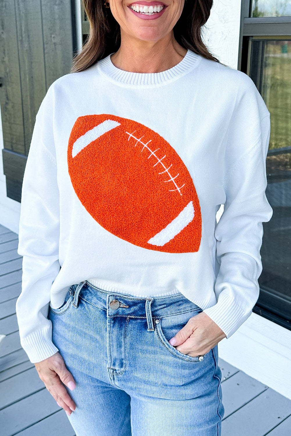Orange Rugby Chenille Embroidered Crew Neck Game Day Sweater