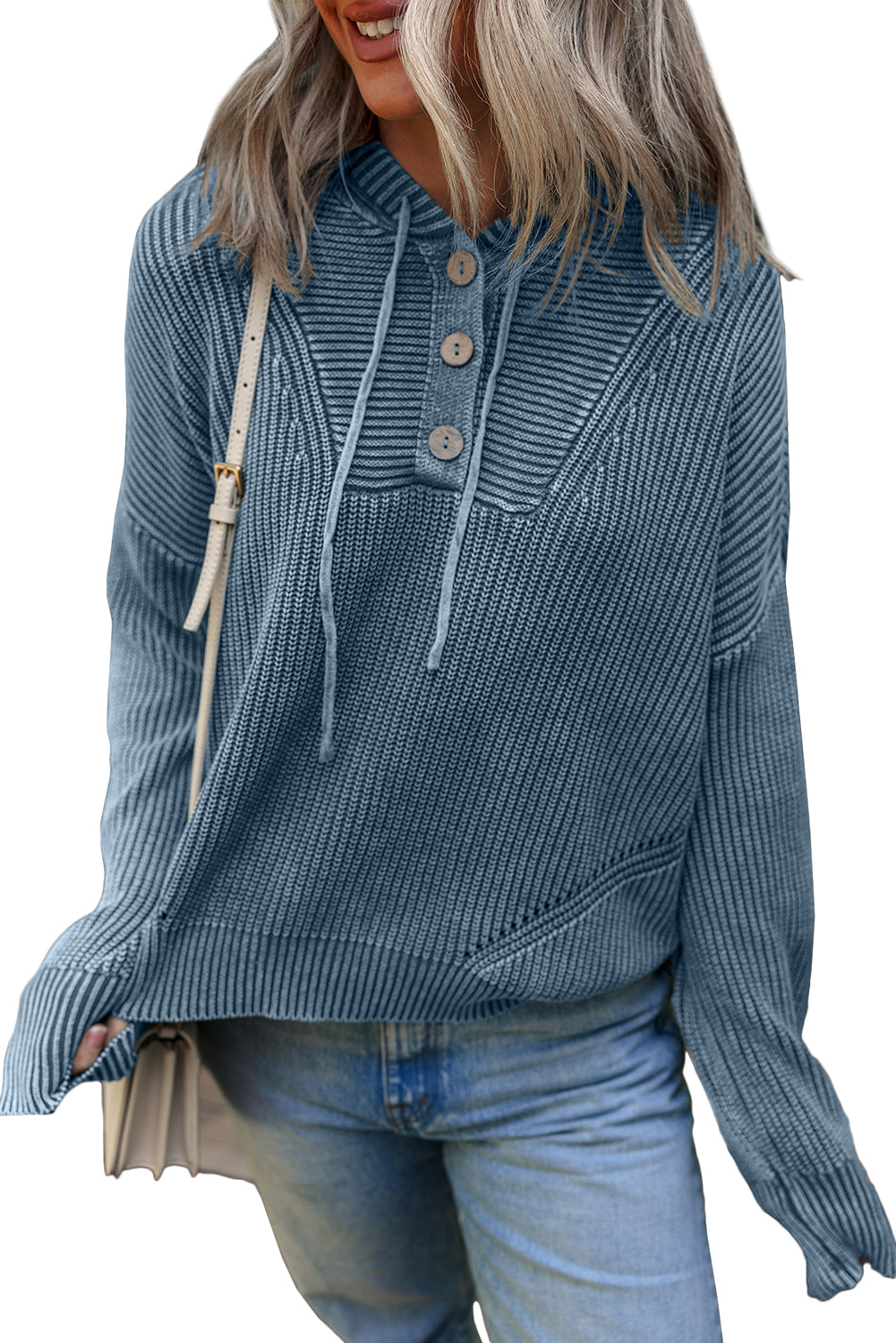 Sail Blue Mineral Wash Ribbed Knit Button Drawstring Neck Hooded Sweater