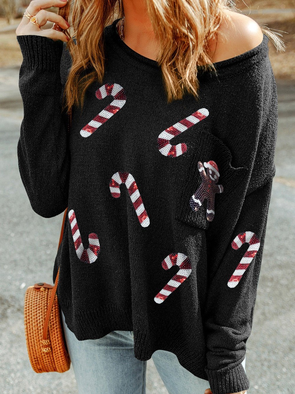Festive Black Sequin Christmas Sweater with Gingerbread Man & Candy Canes