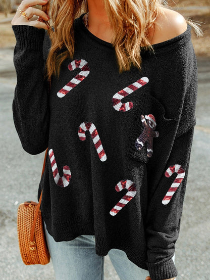Festive Black Sequin Christmas Sweater with Gingerbread Man & Candy Canes