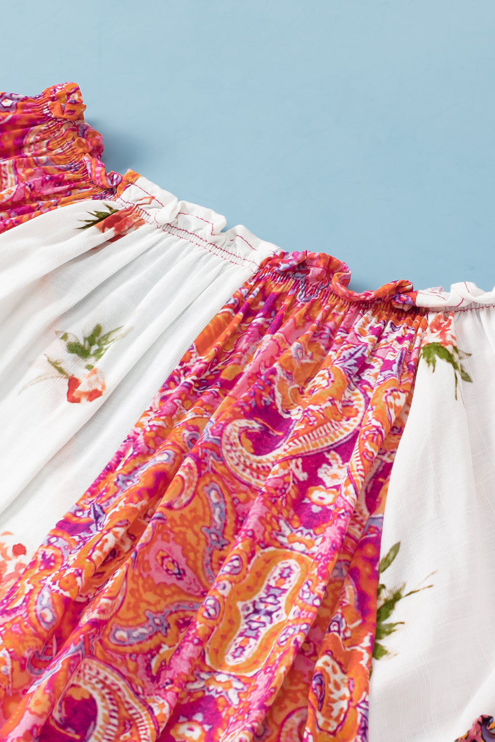 Pink Floral Print V-Neck Button-Up Blouse with Shirred Cuffs