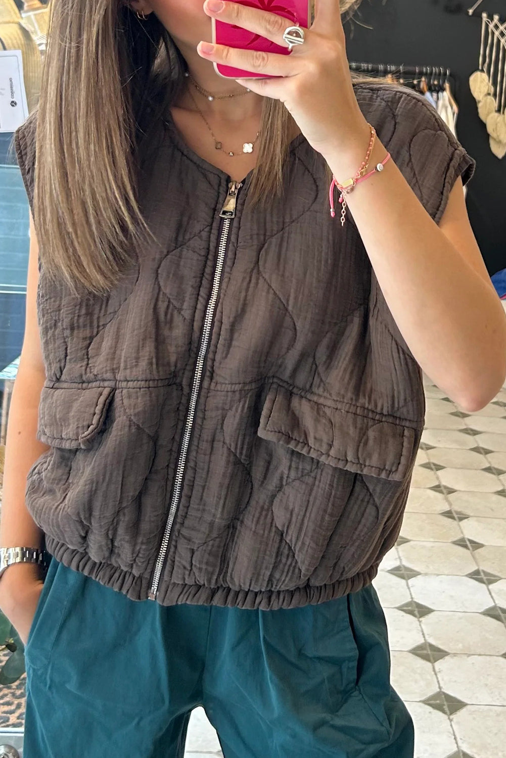 Chicory Coffee Playful Quilted Zip Up Elastic Hem Vest