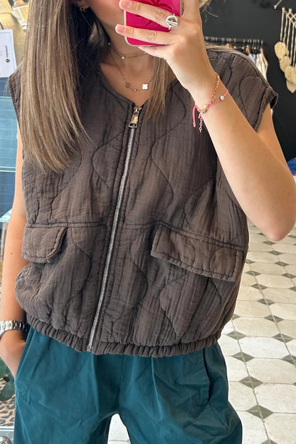 Chicory Coffee Playful Quilted Zip Up Elastic Hem Vest