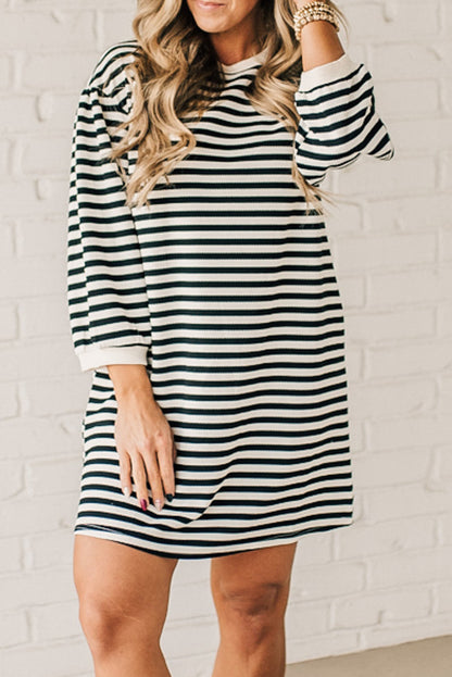 Black Stripe Puffy Bracelet Sleeve Shift Mini T Shirt Dress
