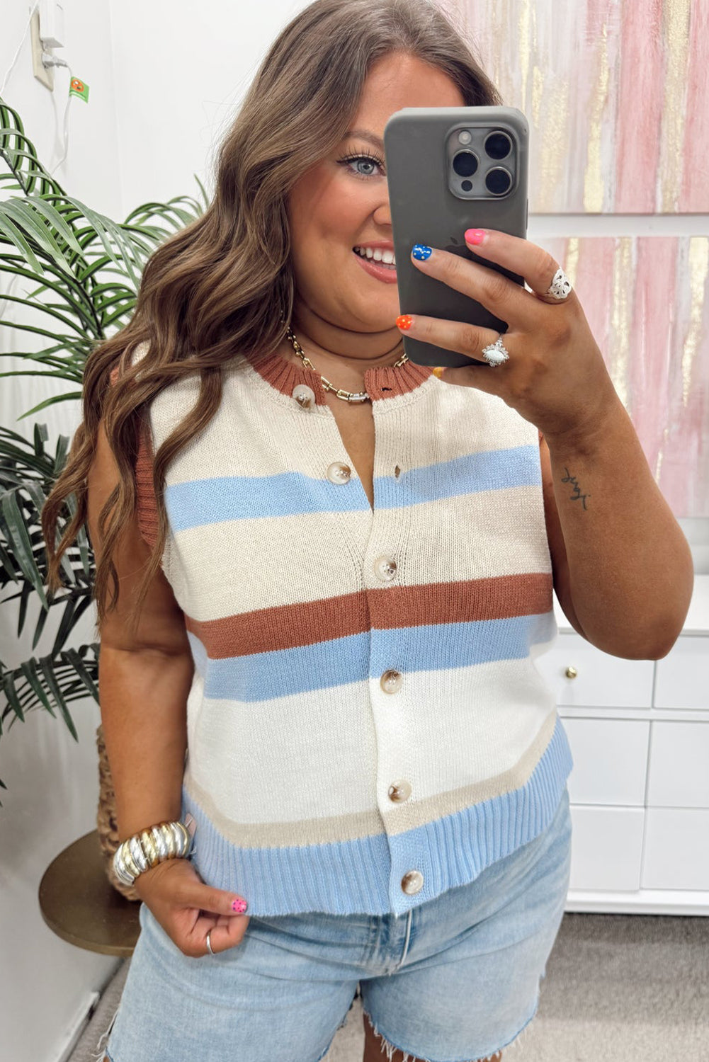Brown Stripe Buttoned Front Round Neck Plus Size Cardigan Vest