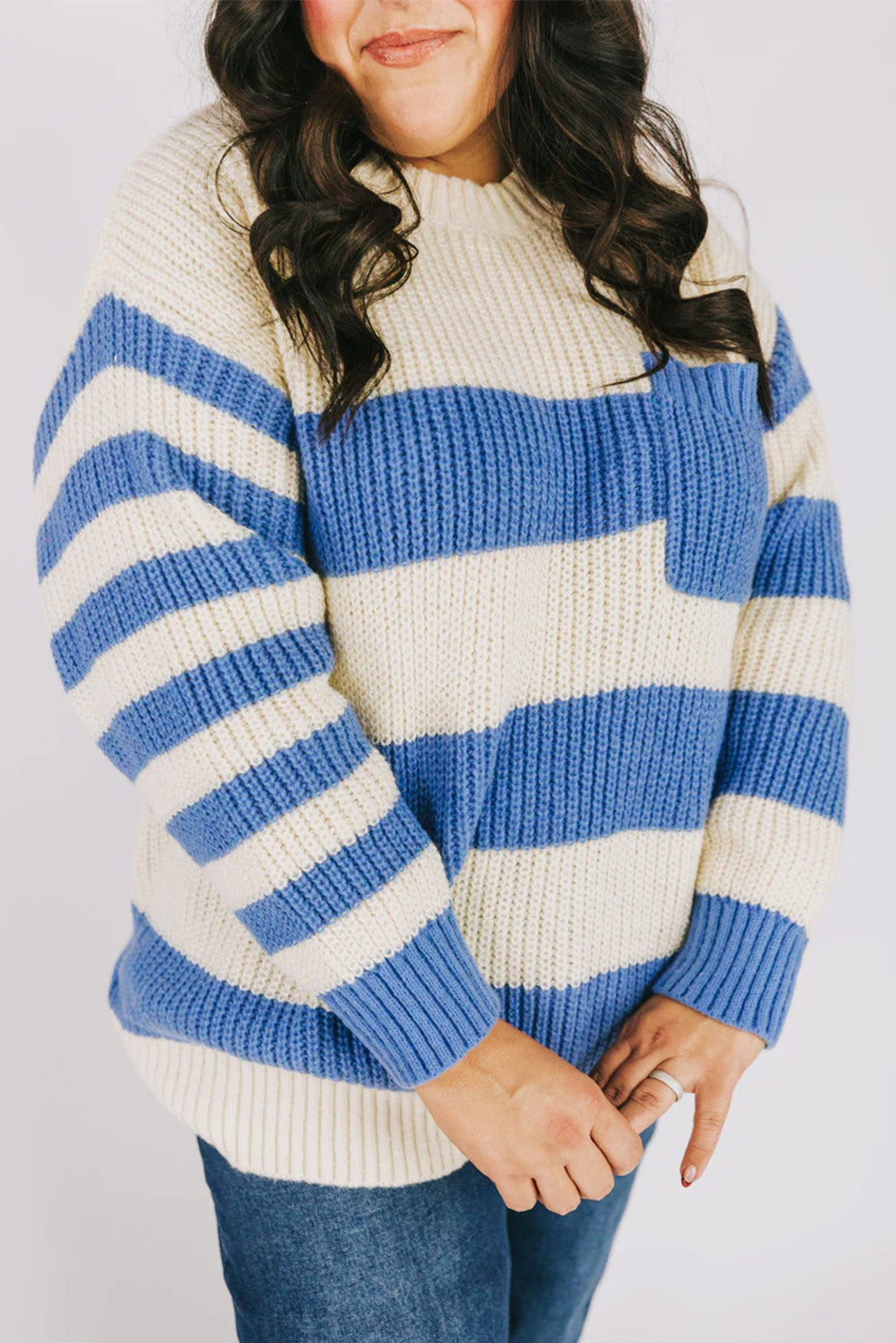 Sky Blue Stripe Plus Size Round Neck Patch Pocket Drop Shoulder Sweater