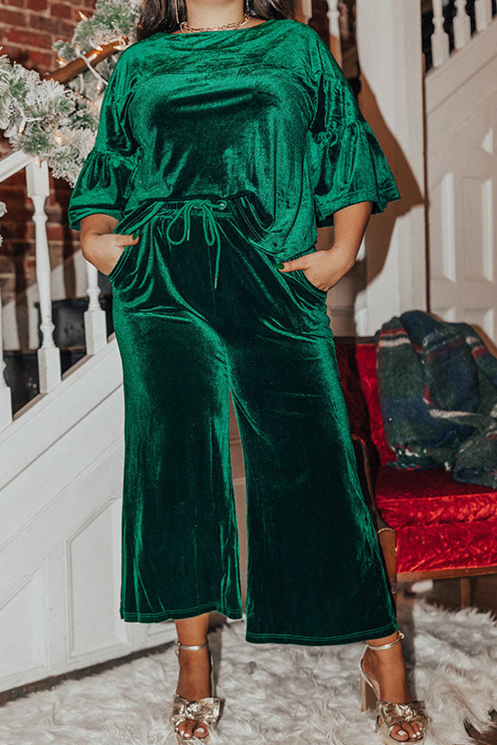 Blackish Green Plus Size Ruffled Half Sleeve Drawstring Pants 2pcs Velvet Outfit