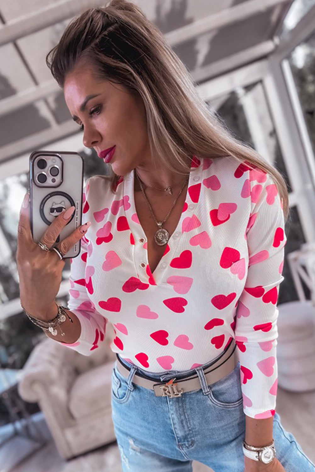 Pink Valentine Heart Print Buttoned Neckline Textured Fitted Long Sleeve Top