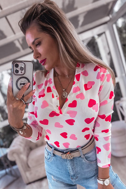 Pink Valentine Heart Print Buttoned Neckline Textured Fitted Long Sleeve Top