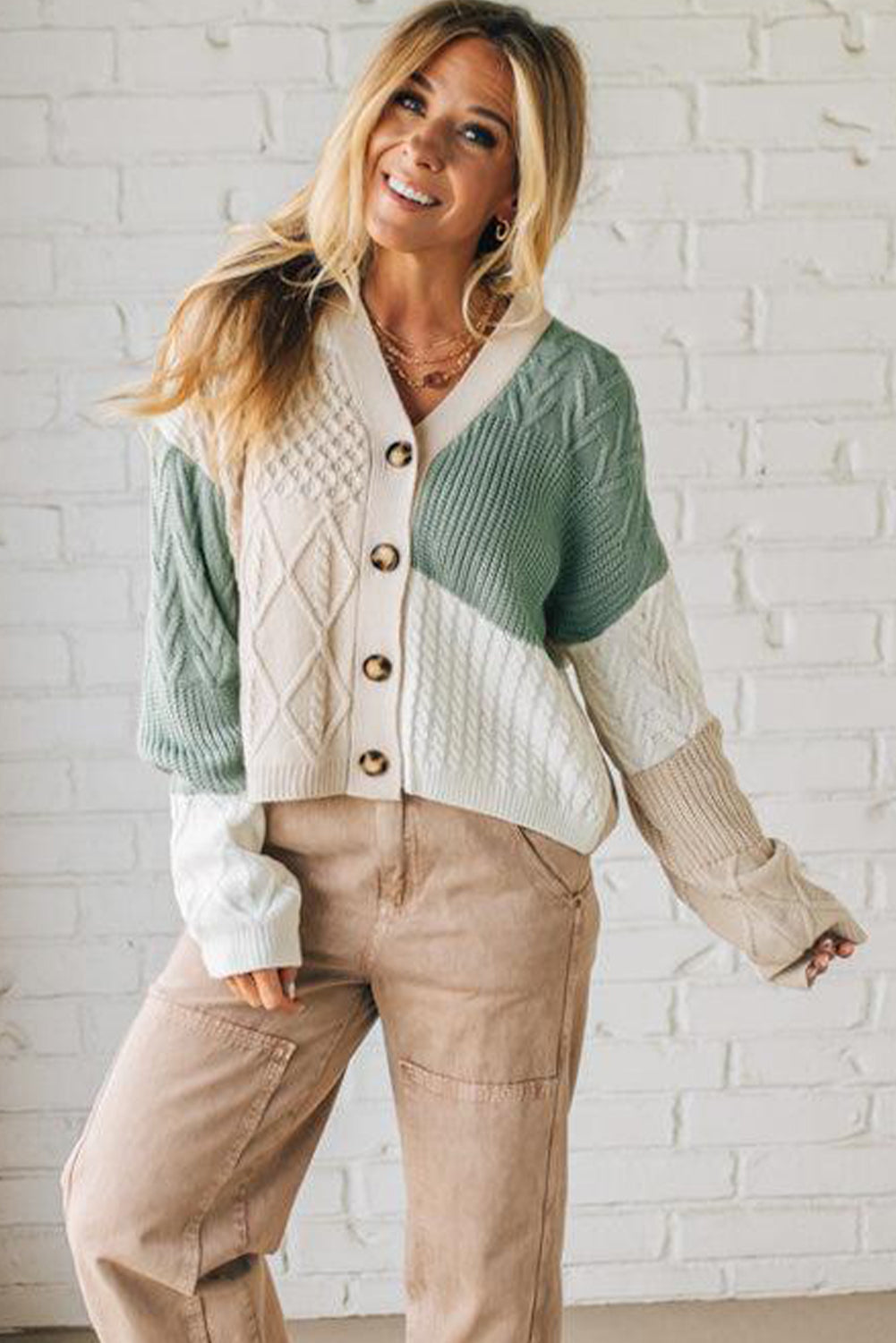 Parchment Mix Texture Knitted Color Block Button Down V Neck Sweater Cardigan