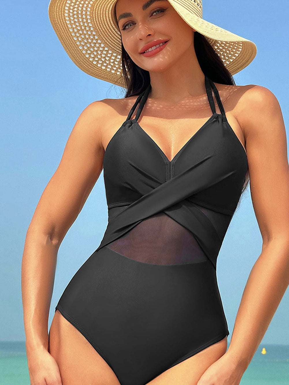 Black Mesh Crisscross Halter One-Piece Swimsuit with Sheer Inserts