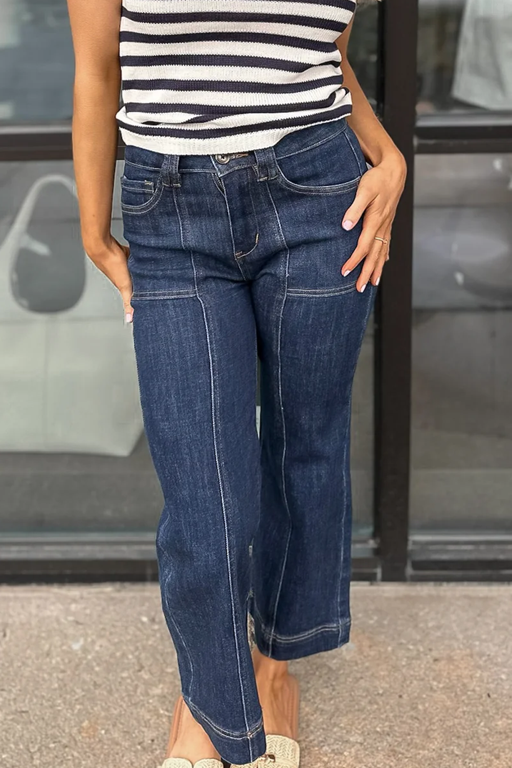 Dirty blue Contrast Seamed Straight Leg High Waist Jeans