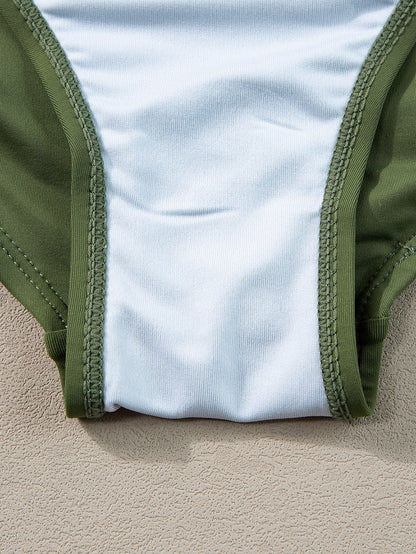 Green Mesh Ruched Tankini with High Neck Plunge