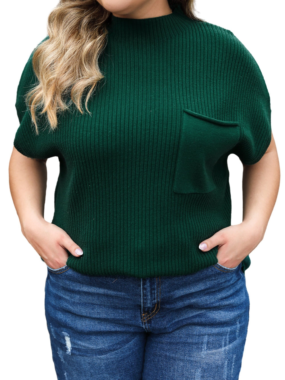 Jungle Green Plus Size Mock Neck Chest Pocket Short Sleeve Sweater