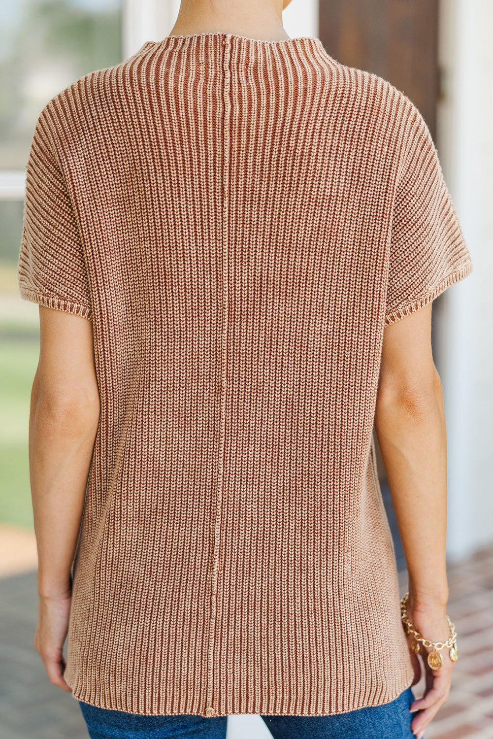Chestnut Mineral Wash Ribbed Knit Patched Pocket Short Sleeve Loose Sweater