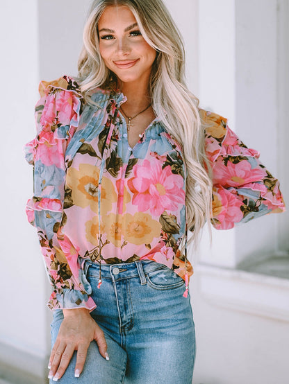 Floral Delight Pink Ruffle Tiered Puff Sleeve Blouse