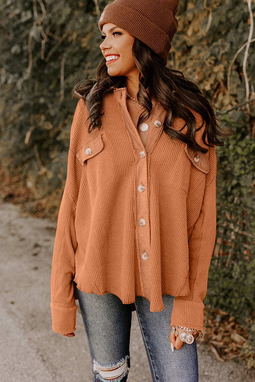 Golden Blaze Waffle Knit Shacket with Button Flap Pockets