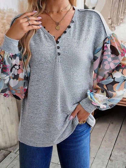 Elegant Gray Floral Lantern Sleeve V-Neck Blouse