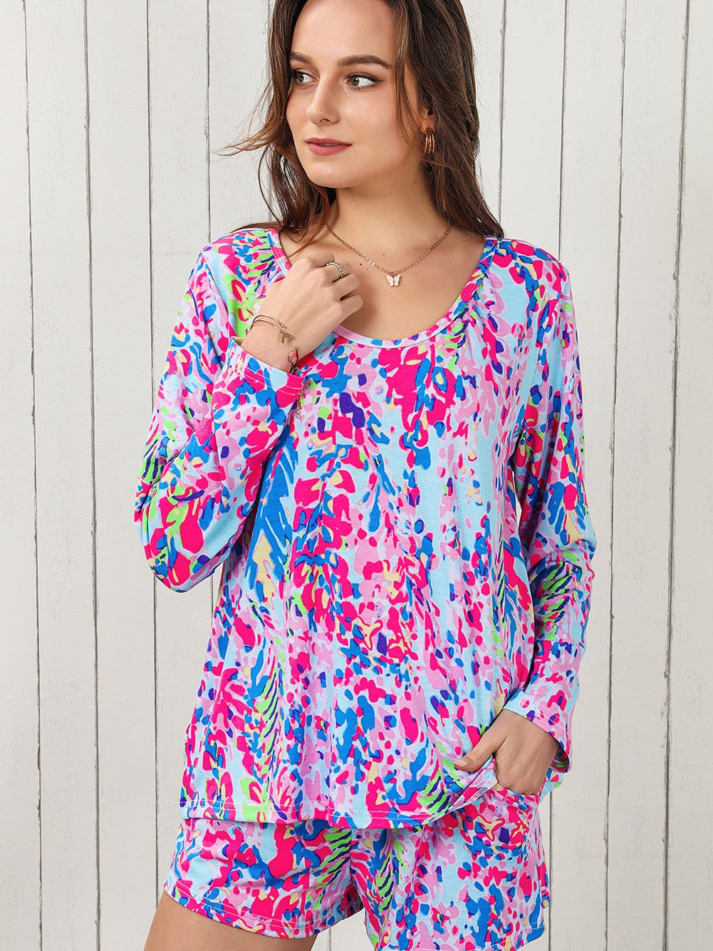 Elegant Purple Floral Lounge Set with Long Sleeve Top and Drawstring Shorts