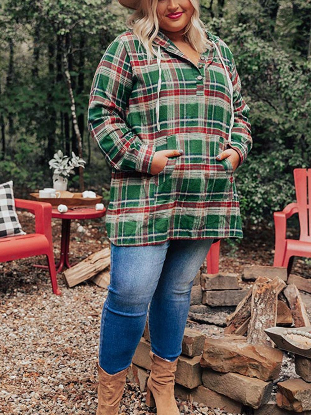 Green Plus Size Plaid Kangaroo Pocket Drawstring Hoodie