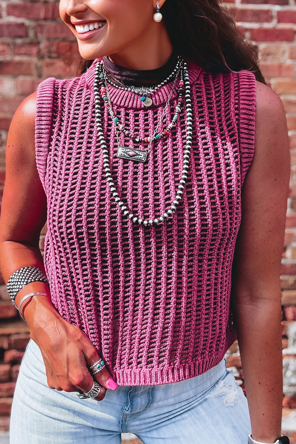 Meadow Mauve Ribbed Trim Hollow Out Knitted Sweater Tank Top