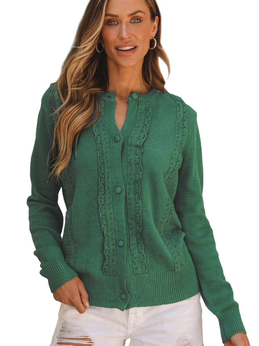 Elegant Green Lace Spliced Rib Knit Cardigan with Button-Up Front