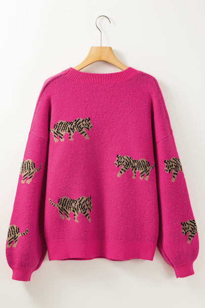 Fierce Leopard Print Rose Red Knit Sweater for Casual Chic