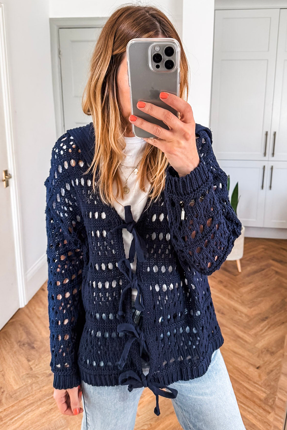 Navy Blue  Crochet Tie Front Cardigan