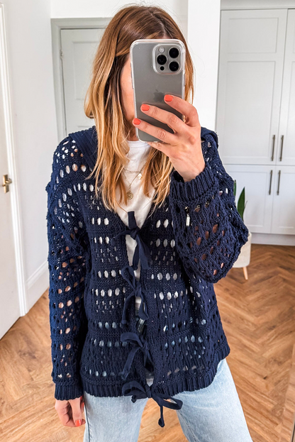 Navy Blue  Crochet Tie Front Cardigan