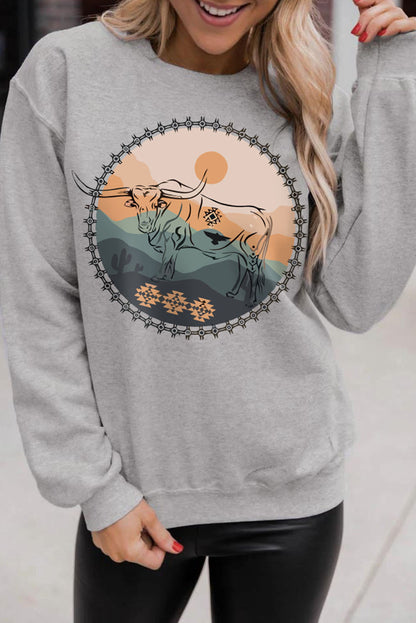 Gray Cow Print Western Graphic Sweatshirt with Landscape Detail