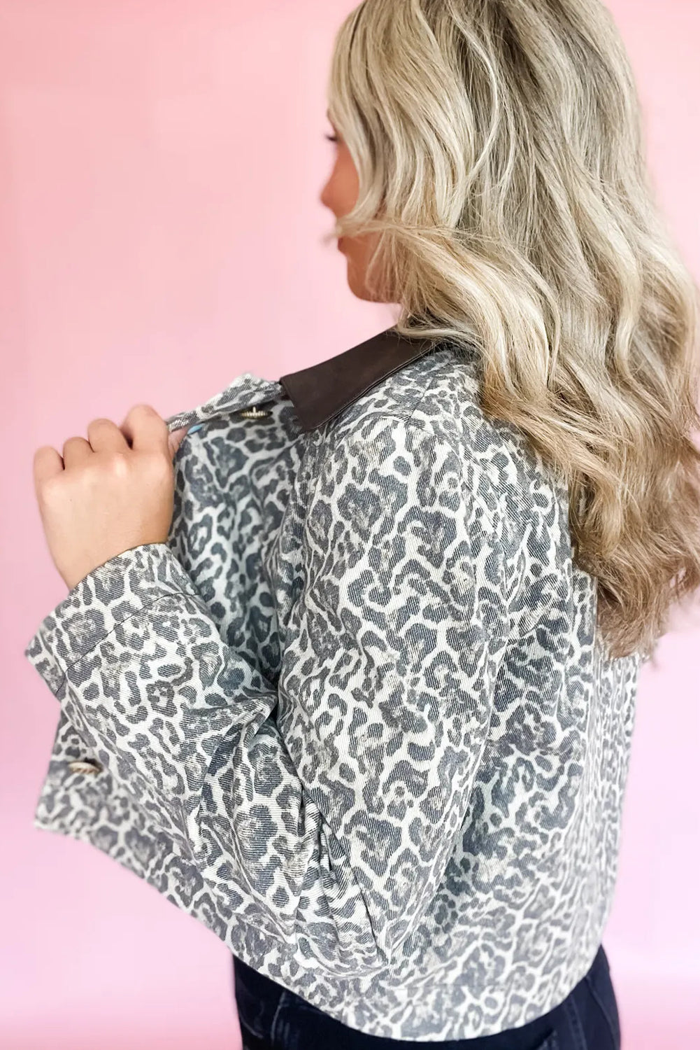 Black Leopard Print Button Flap Contrast PU Leather Collar Patchwork Jacket